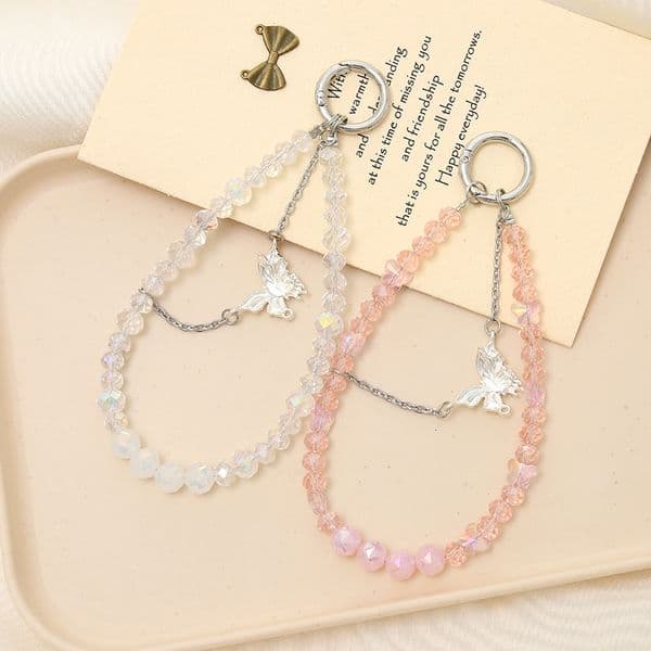 New diamond shaped crystal bead pendant with high-end feel, double chain butterfly pendant, luggage, keychain, mobile phone lanyard