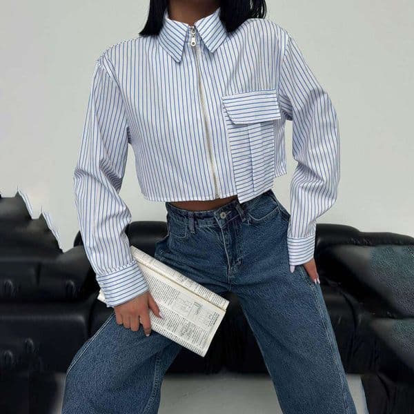 Large pocket decoration cutting exposed navel stripe shirt street women's clothing spring and autumn style zipper long sleeved top chic
