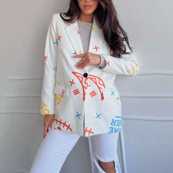 Casual graffiti style suit jacket with fashionable design sense, contrasting color street printed loose top for women