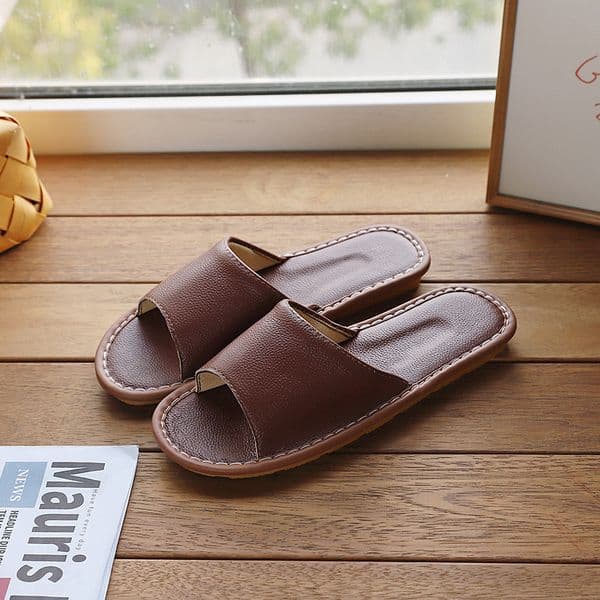 Genuine Leather Slippers For Women's Casual Shoes Cowhide Leather Slides Solid Color Sold with Box