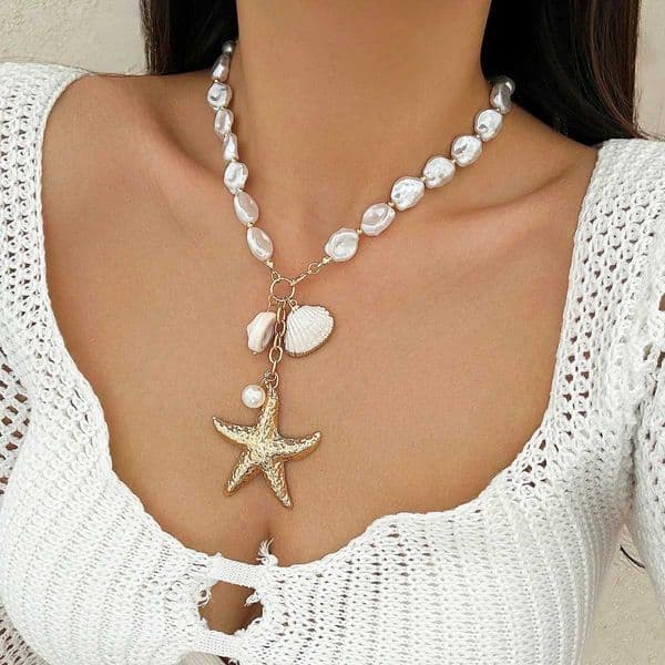Boho Conch Sea Star Shell Pendant Collar Necklace Womens 2024 Multi layered Pearl Imitation Girl Fashion Beach JewelryX240910