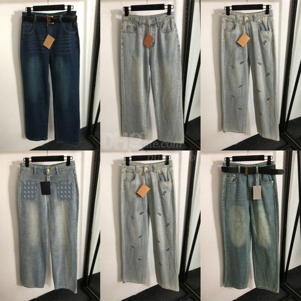 Classic Women Washed Jeans Casual Wide Leg Straight Denim Pants High Rise Jeans Embroidered Letter Trousers