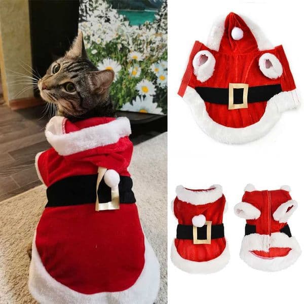 Cat Christmas Costume Clothes Winter Hooded Jacket Puppy Coat Santa Outfits Pet Kitty Xmas New Year Dressing Up Party GiftXJ240906