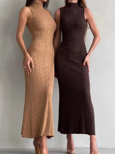 Womens Autumn Ribbed Knit Sleeveless Turtleneck Maxi Dress - Slim Fit Elegant Long Dress for Fall