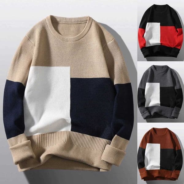 Mens autumn and winter wool sweater round neck pull-down shirt color patch matching high neck top W240909