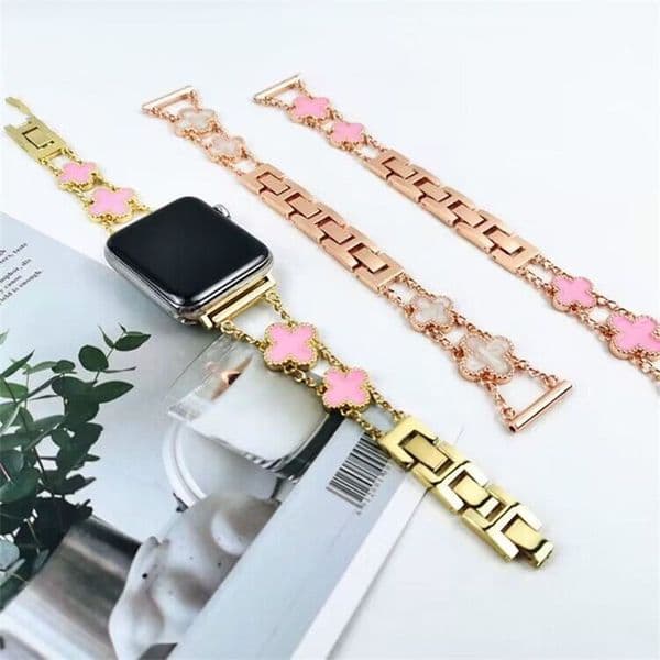 Four-Leaf Clover Band for Apple Watch Band 49mm 45mm 44mm 42mm Lightweight for Women Easy Adjustable Bracelet Shiny Diamond Metal Strap iWatch Series 9 8 7 6 5 4 3 ultra 2 1