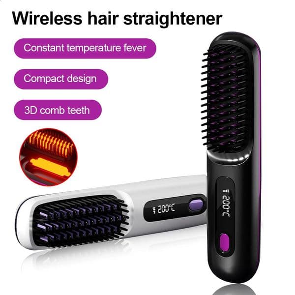 Rechargeable Wireless Hair Straightener Comb Heating Comb Electric Negative Ions Ceramic Comb 360°Anti-Scald 240909