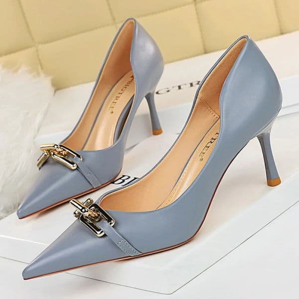 BIGTREE Shoes Elegant Women Pumps Metal Button Kitten Heels Women Shoes Stiletto Banquet Shoes Pointed High Heels Large Size