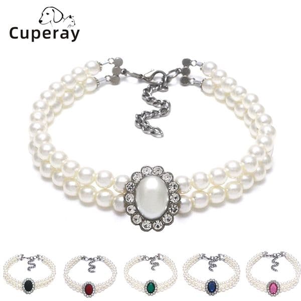 Pearl Pet Collar Necklace Double Row Imitation Gemstone Cat Collars Adjustable Rhinestone Accessory for Small Medium Dogs & Cats