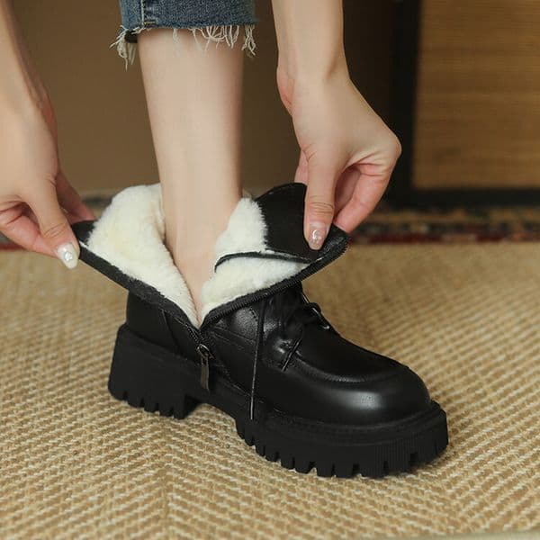Ankle Winter Round Toe Chunky Genuine leather for Women Wool Warm Black Snow Boots Platform Shoes eefd Platm