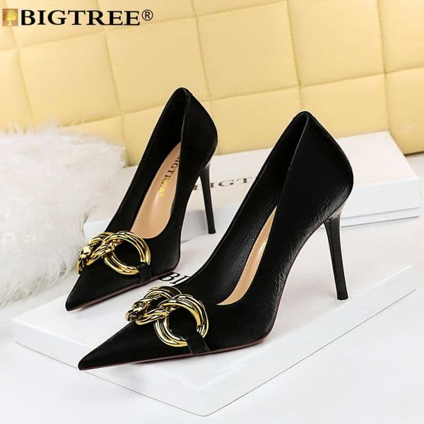 New BIGTREE Woman Pumps Designer Shallow Metal Decoration Pointed Toe PU 9.5CM Thin Heels Mature Party Women Shoes Black