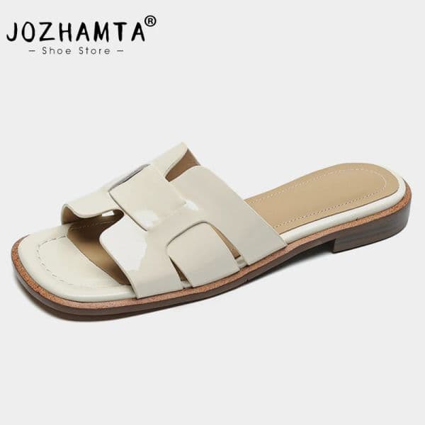 Size JOZHAMTA 33-40 Real Leather Sandals For Casual Low Heels Summer Shoes Women Slippers 2023 Fashion Mules Home Slides c569
