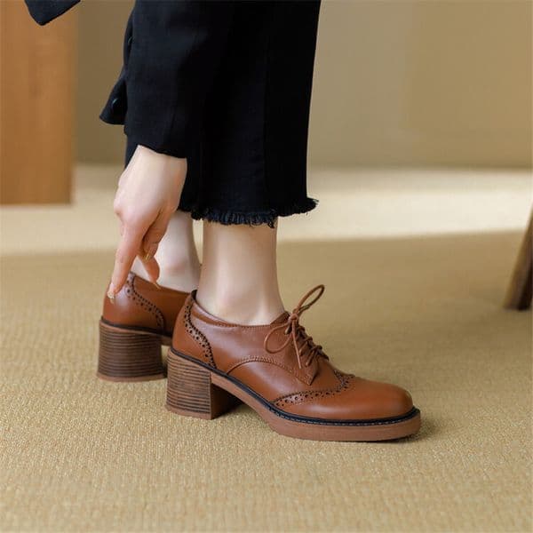 Spring New New Cow Leather Round Toe Pumps Platform Shoes for Women atos Mujer Lace Up Brogue Designs Loafers cb48