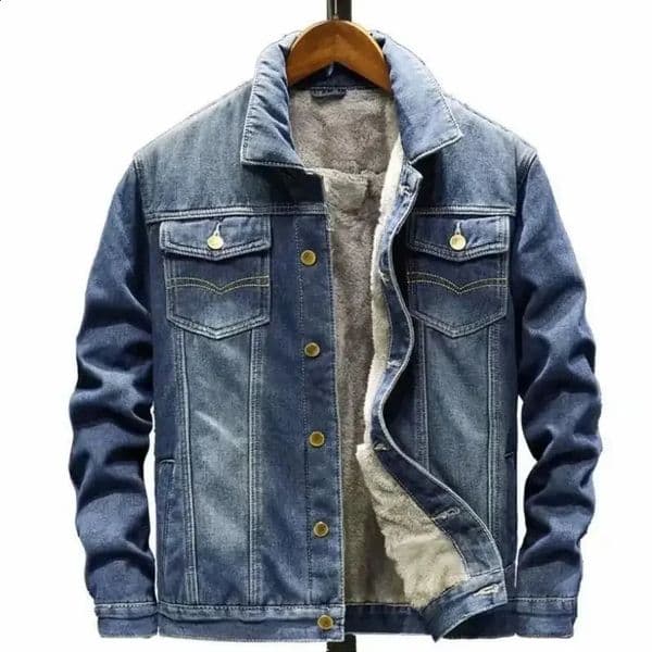 Black Denim Jean Jacket Men Wool Lined Korean Y2k Style Padded Black Jeans Coat for Men Winter Outwear