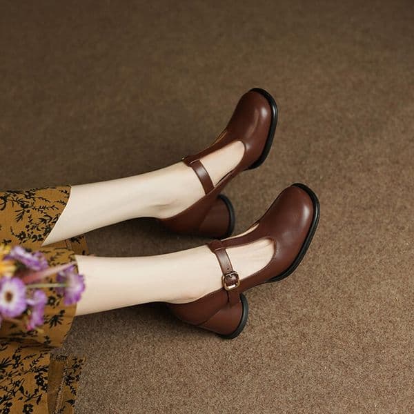 2025 new Spring 2023 Pumps Split Leather for Women Toe Chunky Retro Round Heel Mary Janes Solid Black Shoes 0d29