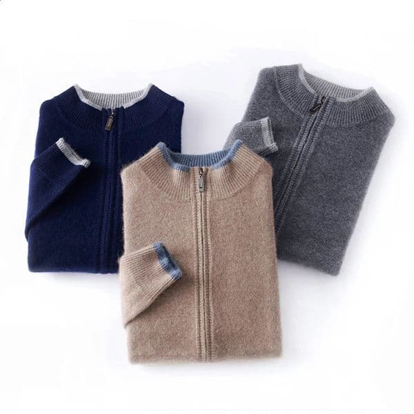 AutumnWinter 100% Pure Cashmere Sweater Mens Half High Collar Knitted Open Solid Color Wool Top 240906