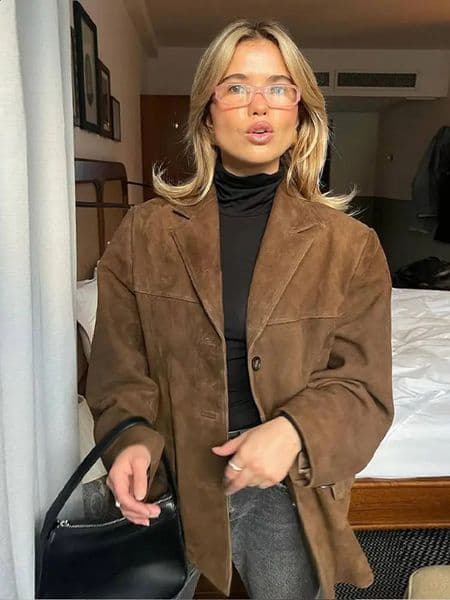 Autumn Brown Suede Jacket With Lapel Woman Casual Single Breasted Pocket Long Sleeve Short Coat 2024 Lady High Street Outwear 240910