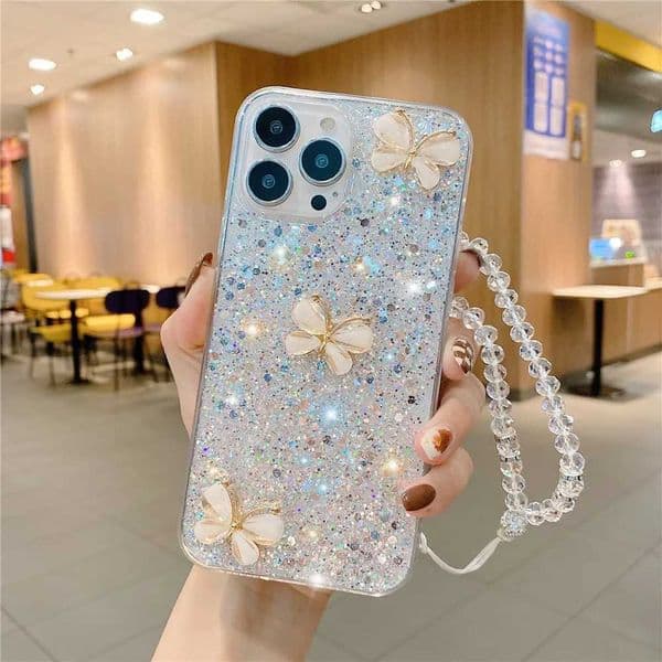 Luxury Butterfly Glitter Phone Case For iPhone 16 15 14 13 11 12 Pro X XS Max XR 7 8 Plus Soft Silicone Bracelet Chain Cover 26L0424