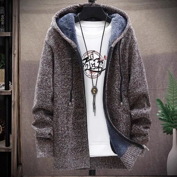 Mens hooded sweater knitted winter thick wool warm casual jacket solid color mens 240906