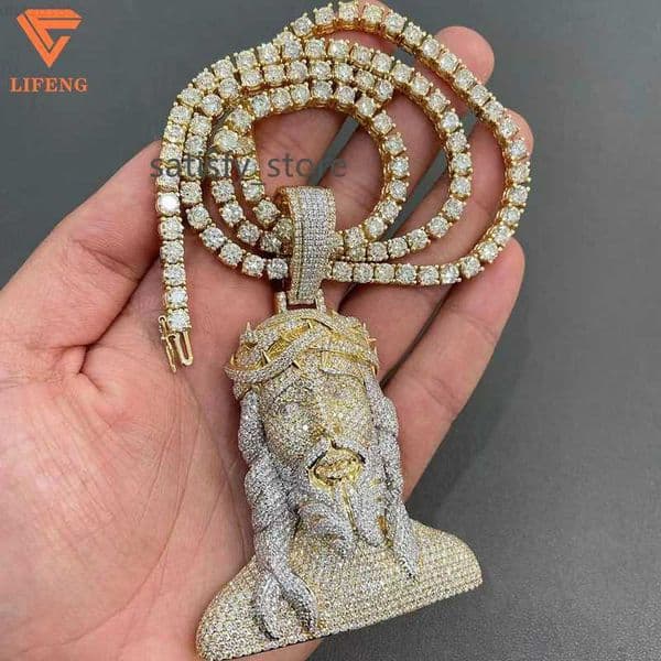 Custom Hip Hop Mens Jewelry Vvs Moissanite Iced Out Jesus Pendant 925 Sterling Silver 24k Gold Rapper Pendant Necklace