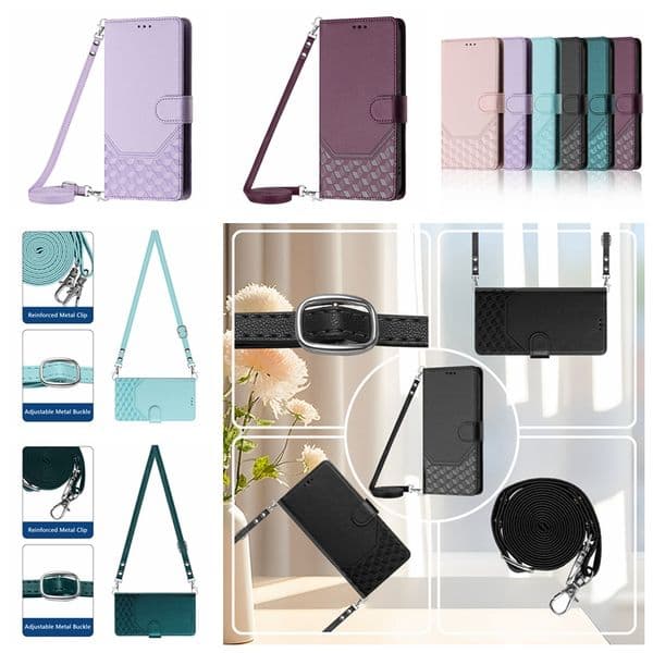 Case For Iphone 17 Air 16 Plus 15 Pro 14 13 12 11 X XS Max XR 6 7 8 Honeycomb PU Leather Wallet Credit ID Card Slot Holder Anti-theft Brush Pouch Shoulder