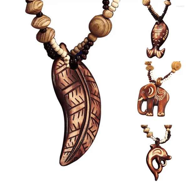 Pendant Necklaces Tribal Retro Boho Women Necklace Elephant Dolphin Fish Animal Leaf Beaded Wooden Long Animals
