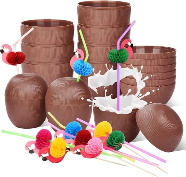 12 coconut cups paired with flamingo skewers and cocktails featuring selected flamingo drinks Hawaiian Luau Tiki and beach party decorations 240918
