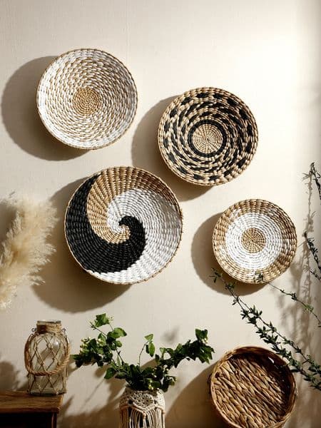 Wall Basket Decor Boho Handmade Seagrass Wall Hanging Decor Natural Basket Wall Art for Kitchen Bedroom Living Room Ornament 240920