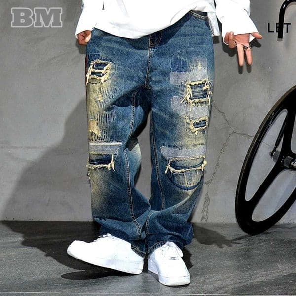 American streetwear ripped patch hip-hop bag jeans mens clothing vintage denim cargo pants Japanese Harajuku Trouser C 26Y0504