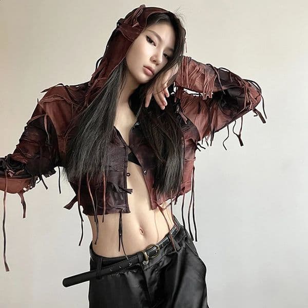Vintage Gothic Y2k Tassel Hooded Cardigans Long Sleeve Goth Dark Fairy Grunge Women Blouses Streetwear Single-breasted Crop Tops 240920