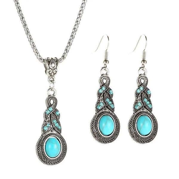 European and American New Pendant Set Retro Pattern Blue Crystal Jewelry Zircon Bohemian Party Set Necklace Earrings W241116