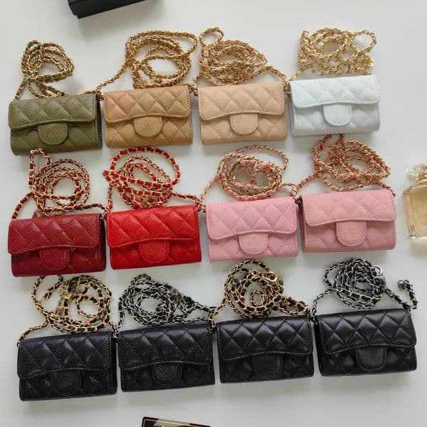 Classic Sheepskin Chain Full Leather Lipstick Bag Coin bag Caviar Cowskin leather for women short wallet 11*7cm Come with box