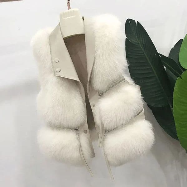 Autumn Winter Ladies Leather Sleeveless Jacket Women Lmitation Fox Fur Vest Outwear Female Fashion Short Waistcoat Tops 240921 B4