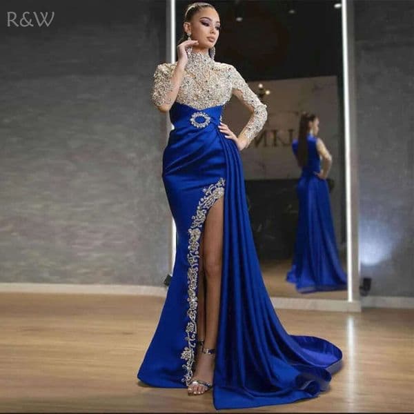 R&W blue Mermaid Prom Dresses 2021 Vintage Feather Long Sleeve or Length Sequined High Neck split African Formal Evening Dress Party Gowns