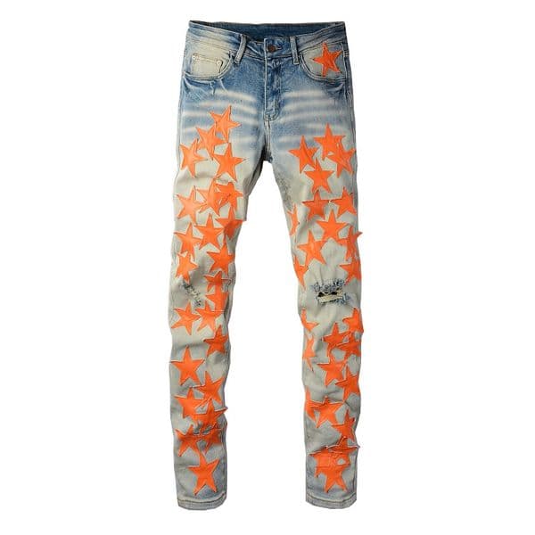 Mens Jeans For Guys Rip Slim Fit Skinny Man Pants Orange Star Patches Wearing Biker Denim Cult Stretch Motorcycle Trendy Long Straight Hip Hop With Hole Blue
