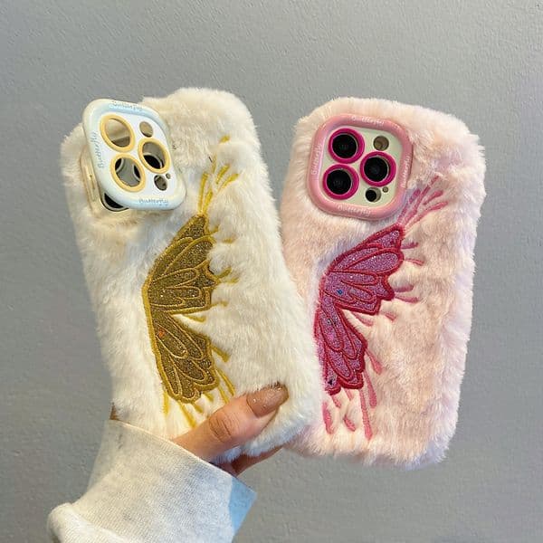Butterfly Fluffy Fur Fuzzy Holder Cases For Samsung S25 Plus S24 S23 Ultra A15 A35 A55 Iphone 17 Air 16 15 14 Pro 13 12 11 Bling Glitter Hair Plush Camera