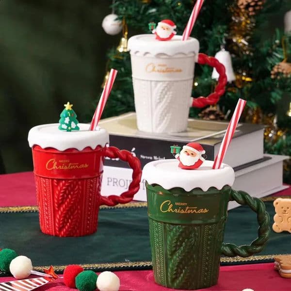 Christmas ceramic coasters with straw Santa Claus tree decorations cups gifts surprise items and supplies 240923