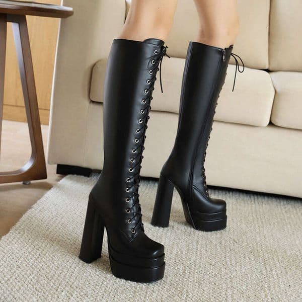 Cross-Tied Punk Style Super Chunky Heel Three-Layer Platform Women's Long Side Zip Plush Ing Winter Knee-High Boots