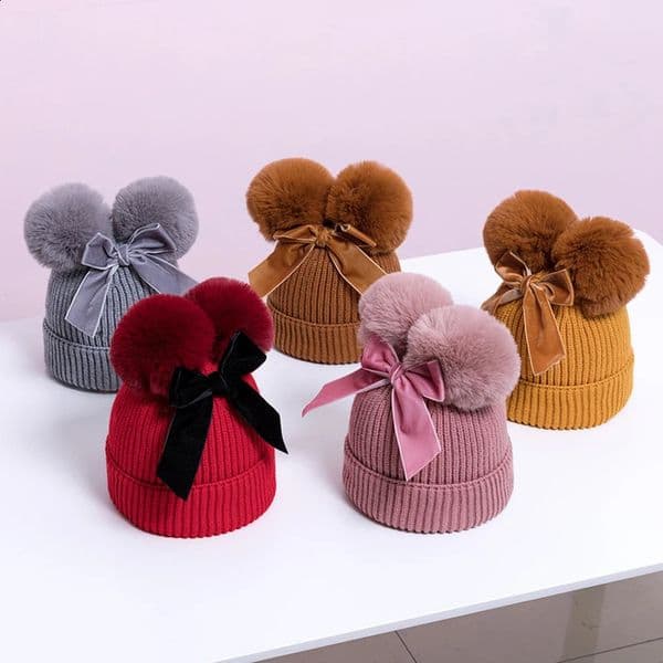 Baby Double Puff Cap Velvet Bow Winter Girls Warm Knitted Thick Ball Children Bean Childrens Hat 240925