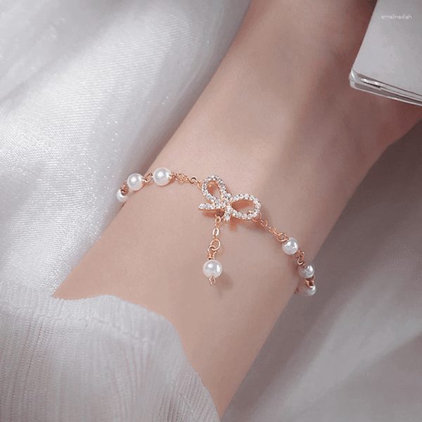 Bangle Fashion Women Bow Pearls Charm Bracelet High Quality Crystal Thin Chain Jewelry Hello Girl