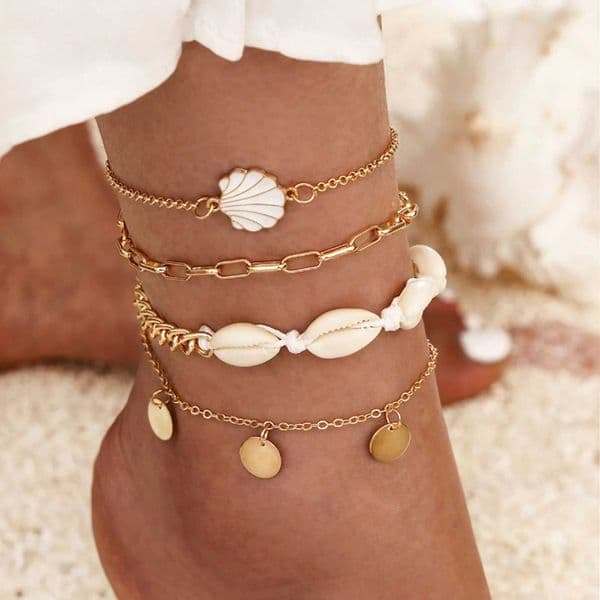 4pc Womens Beach Cute Design Bohemian Scalp Foot Bracelet Talisman Pendant Foot Bracelet Set Jewelry Summer Accessories W240926