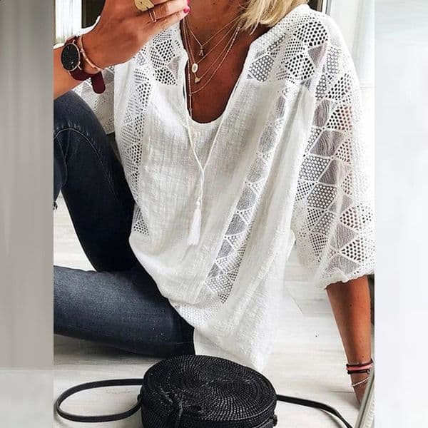 Womens Cotton Linen Tunic Tops V Neck 34 Sleeve Casual Loose T-Shirt Ladies Fashion Daily Clothing 240925