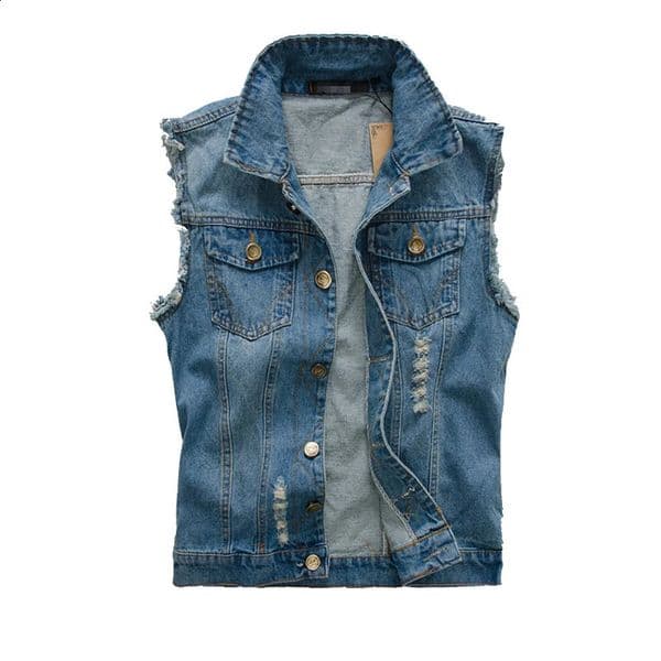 Mens Denim Vest Sleeveless Jacket Cotton Retro Streetwear Ripped Blue Fashionable Hiphop Mens Clothing