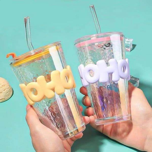 Glass cup with lid and straw glass water bottle silicone sleeve transparent iced coffee large capacity beverage 240926