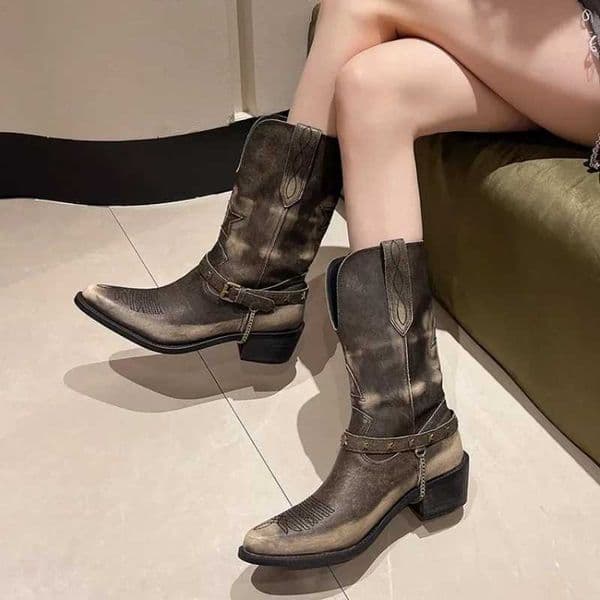 Womens Western Cowboy Boots Womens Leather Chelsea Ankle Boots Womens Classic Punk Womens Gothic Shoes Thick Heel Knight Botas Mujer CL240927