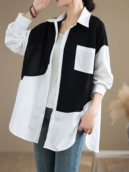 Womens autumn patch shirt fashionable temperature irregular long sleeved top single chest high street 240927