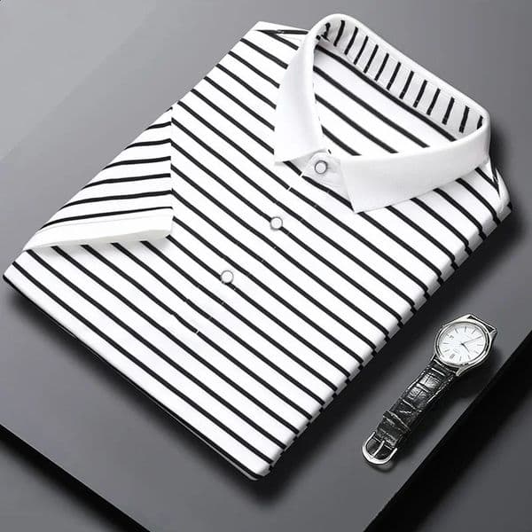2024 Mens Striped Cotton Business Casual Short Sleeved POLO Shirt Fashion Short Sleeved Comfortable and Breathable Top i240929