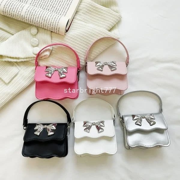 Metal Bow Decoration Kids Shoulder Bag Soft PU Leather Children's Square Crossbody Bags Sweet Simple Little Girls Purse Handbags