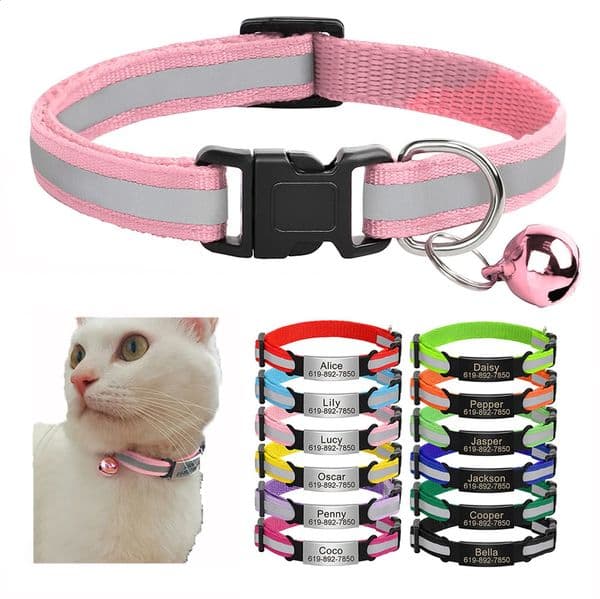 Reflective cat collar with personalized and secure separation equipped a bell for quick release of ID name necklace no carving 240929