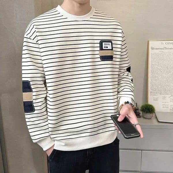 Mens autumn striped pattern crew neck sweatshirt ultra-thin suitable for mens casual clothing top W240928